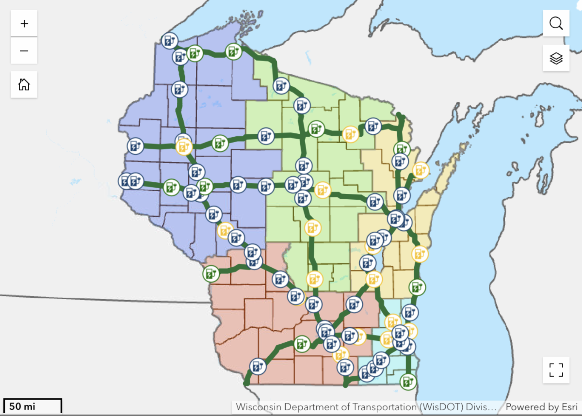 A map of Wisconsin showing where electric vehicle chargers have been built or are planned to be built.